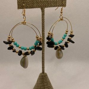 ⭐ 3/$15 ⭐ 
Shells & Beads Gold Dangle Hoop Earrings ¤ Black Turquoise ~ NEW